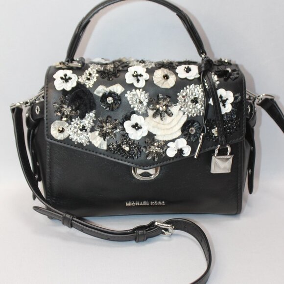 Michael Kors Black Sequined Floral Applique Bristol Small Top Handle Satchel - Picture 5 of 14